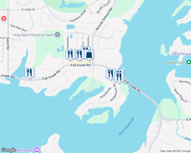 map of restaurants, bars, coffee shops, grocery stores, and more near 12214 Ridgeside Road in Indianapolis