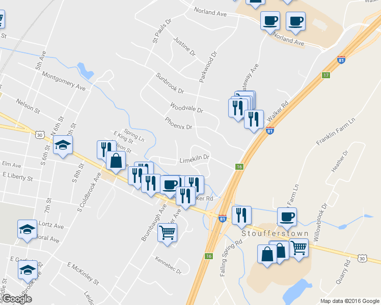 map of restaurants, bars, coffee shops, grocery stores, and more near 238 Stonegate Circle North in Chambersburg
