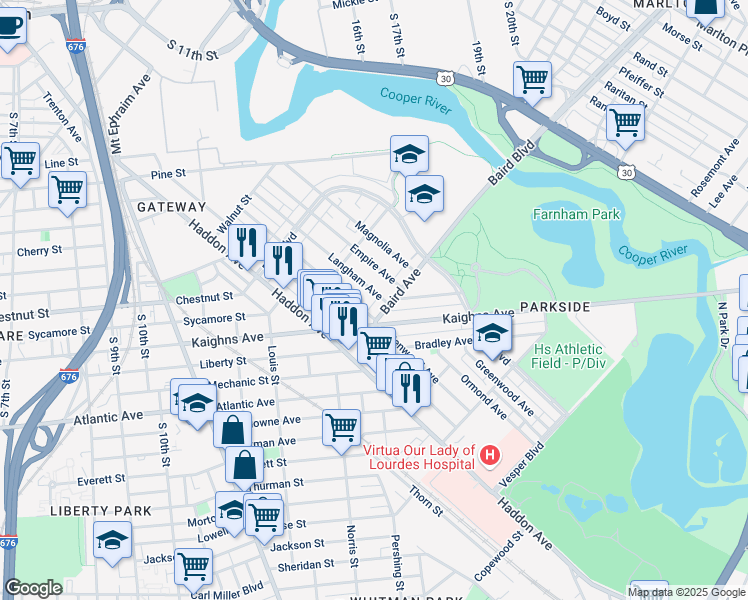 map of restaurants, bars, coffee shops, grocery stores, and more near 1261 Langham Avenue in Camden