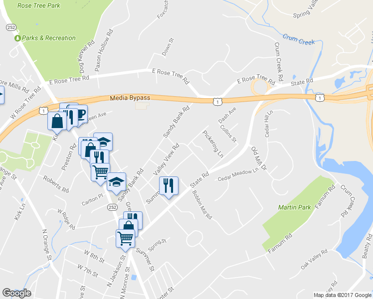 map of restaurants, bars, coffee shops, grocery stores, and more near 838 Valley View Road in Media