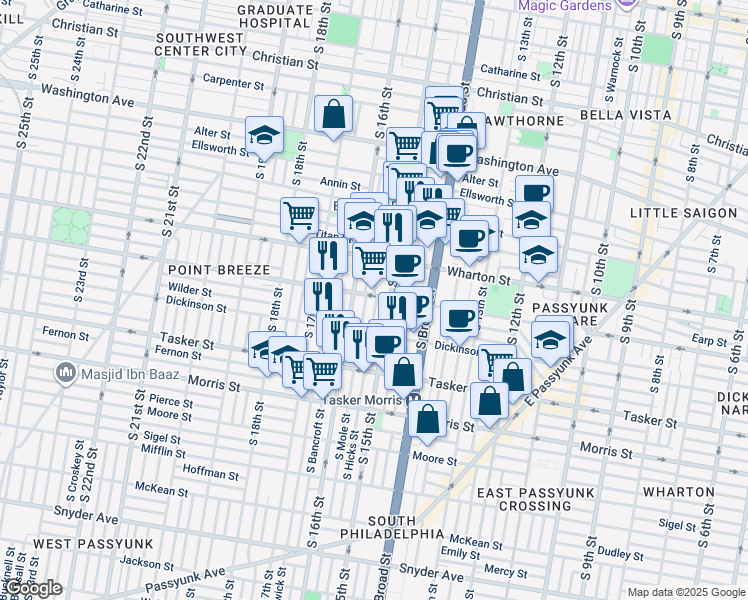 map of restaurants, bars, coffee shops, grocery stores, and more near 1516 Reed Street in Philadelphia