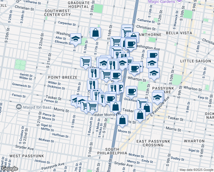 map of restaurants, bars, coffee shops, grocery stores, and more near 1516 Reed Street in Philadelphia