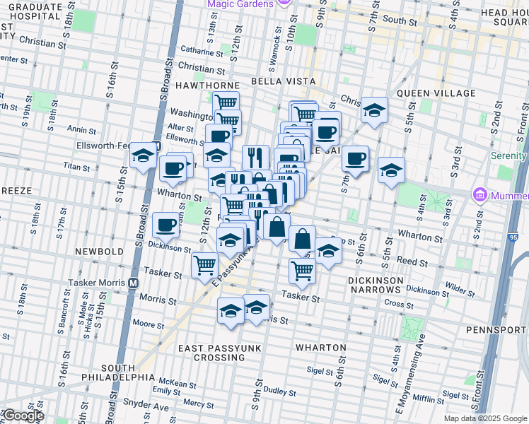 map of restaurants, bars, coffee shops, grocery stores, and more near 1303 South 10th Street in Philadelphia