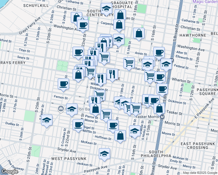 map of restaurants, bars, coffee shops, grocery stores, and more near 1910 Wilder Street in Philadelphia