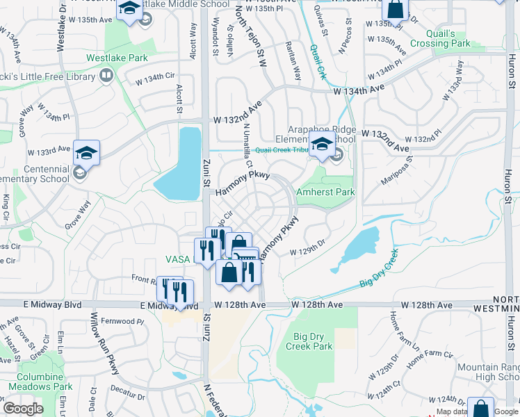 map of restaurants, bars, coffee shops, grocery stores, and more near 2748 West 130th Drive in Denver