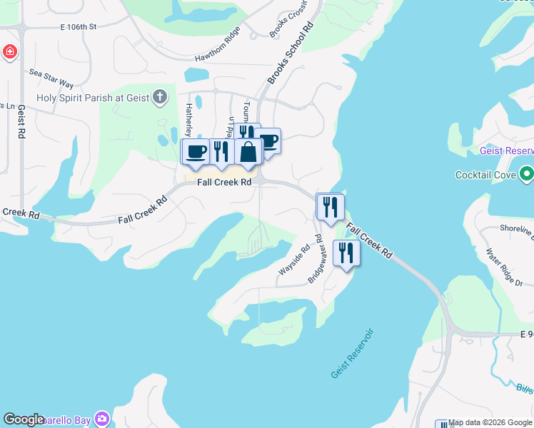 map of restaurants, bars, coffee shops, grocery stores, and more near 12214 Ridgeside Road in Indianapolis