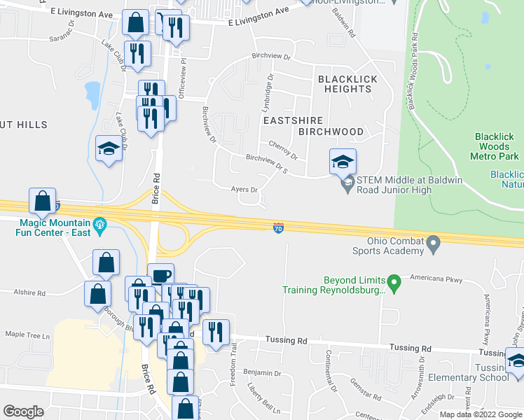 map of restaurants, bars, coffee shops, grocery stores, and more near 6363 Rippey Circle in Reynoldsburg
