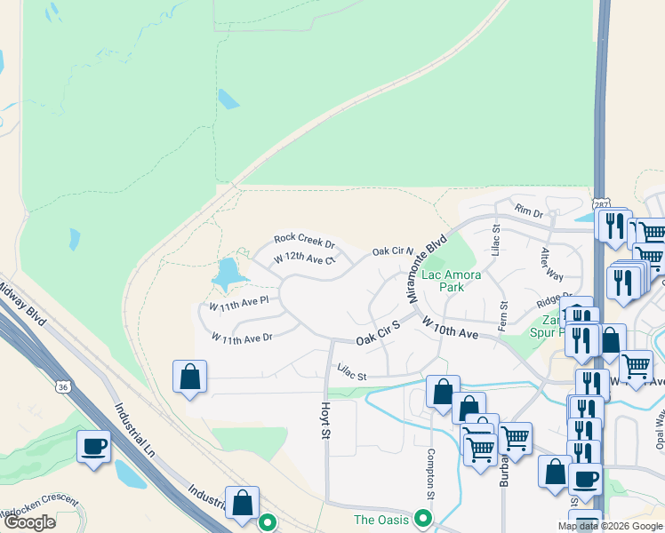map of restaurants, bars, coffee shops, grocery stores, and more near 3084 West 12th Avenue Court in Broomfield