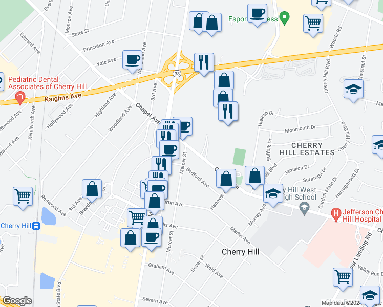 map of restaurants, bars, coffee shops, grocery stores, and more near 1905 Chapel Avenue West in Cherry Hill