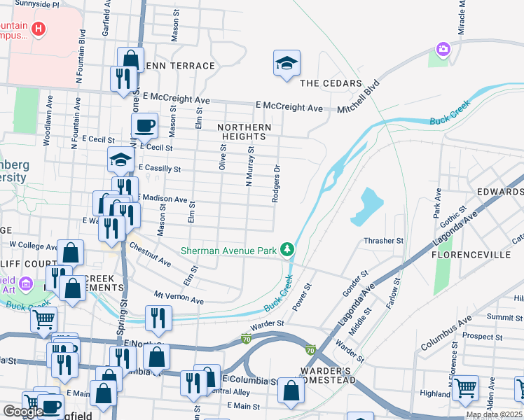 map of restaurants, bars, coffee shops, grocery stores, and more near 725 East Madison Avenue in Springfield