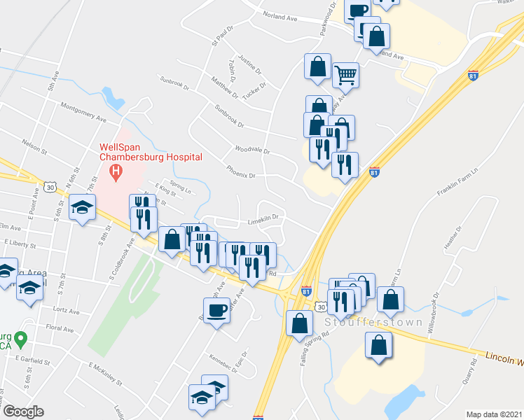 map of restaurants, bars, coffee shops, grocery stores, and more near 244 Stonegate Circle North in Chambersburg