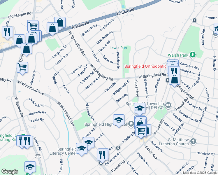 map of restaurants, bars, coffee shops, grocery stores, and more near 70 Forest Road in Springfield