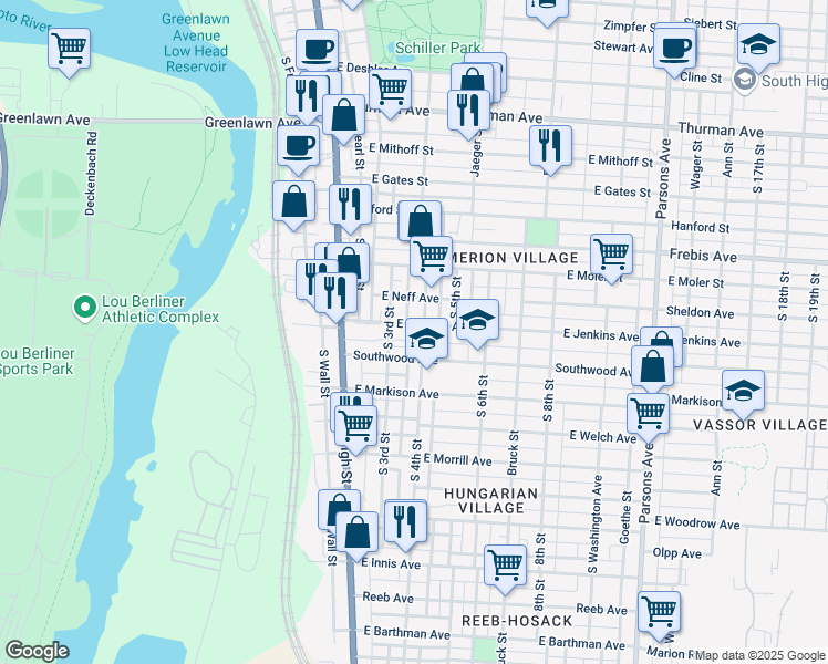 map of restaurants, bars, coffee shops, grocery stores, and more near 75 East Jenkins Avenue in Columbus
