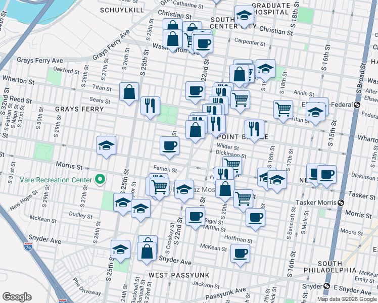 map of restaurants, bars, coffee shops, grocery stores, and more near 1514 South 22nd Street in Philadelphia