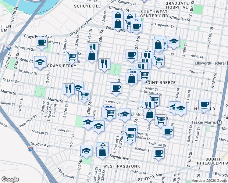 map of restaurants, bars, coffee shops, grocery stores, and more near 2300 Greenwich Street in Philadelphia
