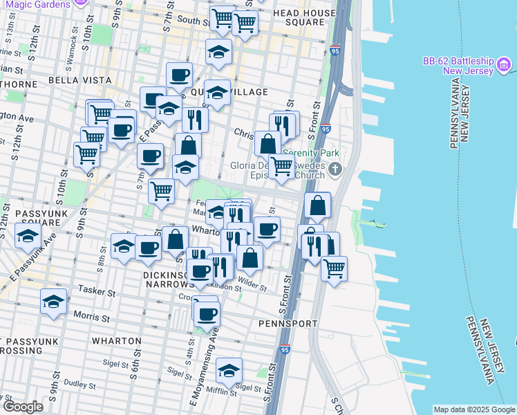 map of restaurants, bars, coffee shops, grocery stores, and more near 231 Federal Street in Philadelphia