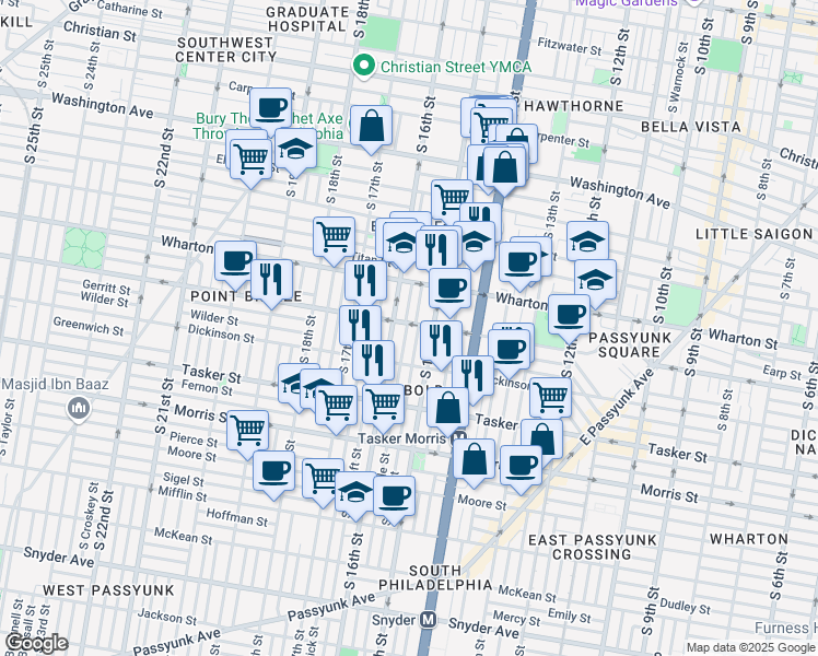 map of restaurants, bars, coffee shops, grocery stores, and more near 1526 Reed Street in Philadelphia
