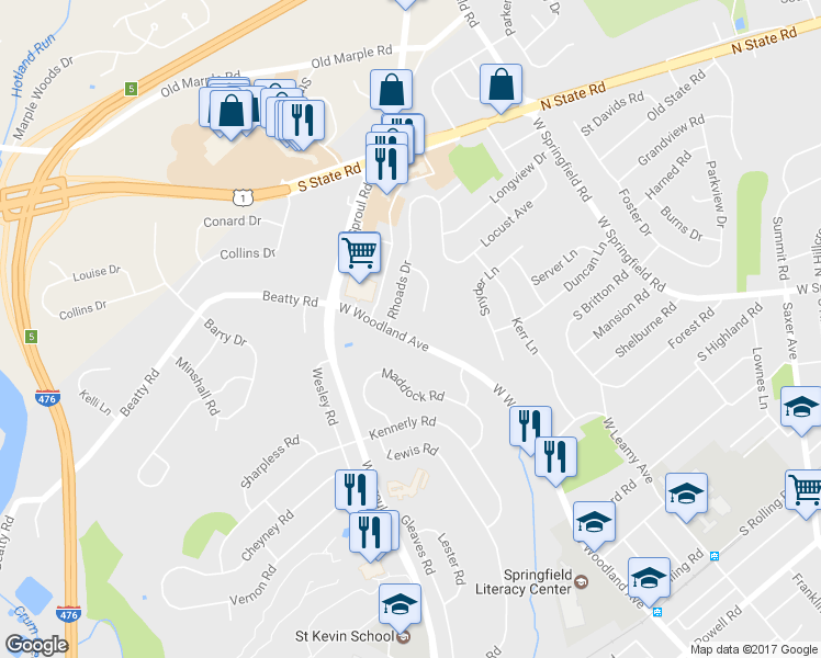 map of restaurants, bars, coffee shops, grocery stores, and more near 589 West Woodland Avenue in Springfield