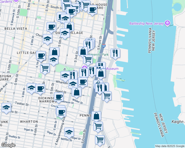 map of restaurants, bars, coffee shops, grocery stores, and more near 1008 South Front Street in Philadelphia