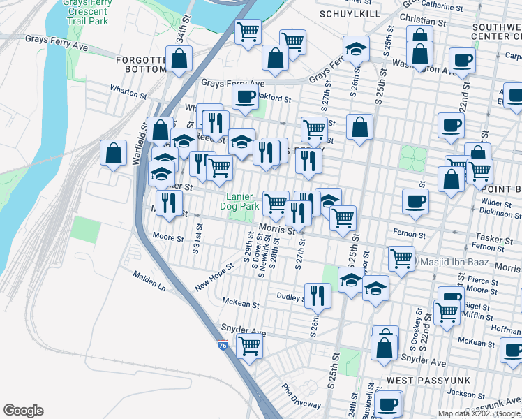 map of restaurants, bars, coffee shops, grocery stores, and more near 2844 Tasker Street in Philadelphia