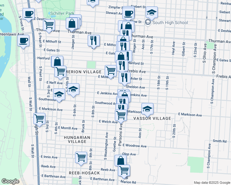map of restaurants, bars, coffee shops, grocery stores, and more near 412 East Jenkins Avenue in Columbus