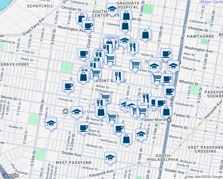 map of restaurants, bars, coffee shops, grocery stores, and more near 1929 Dickinson Street in Philadelphia