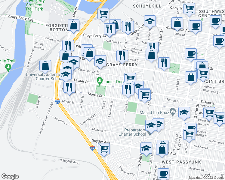 map of restaurants, bars, coffee shops, grocery stores, and more near 1614 South Newkirk Street in Philadelphia