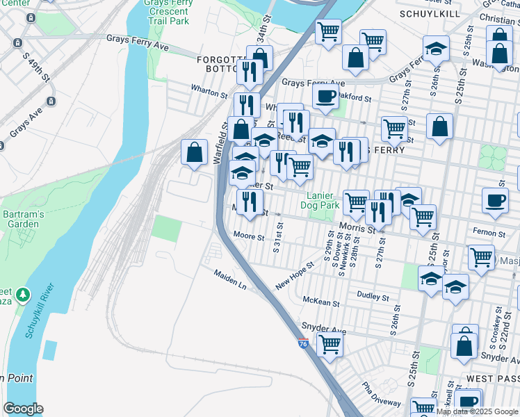 map of restaurants, bars, coffee shops, grocery stores, and more near 1701 South 32nd Street in Philadelphia