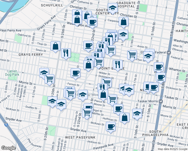 map of restaurants, bars, coffee shops, grocery stores, and more near 2104 Dickinson Street in Philadelphia