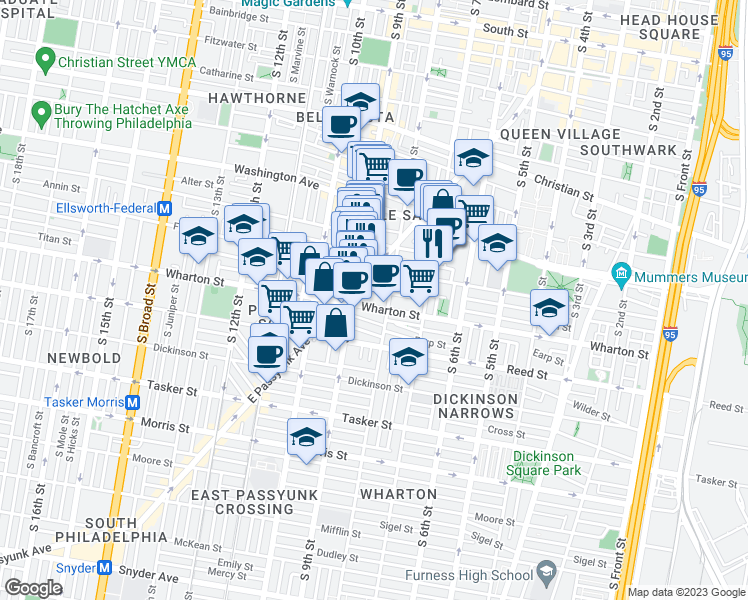 map of restaurants, bars, coffee shops, grocery stores, and more near 809 Wharton Street in Philadelphia