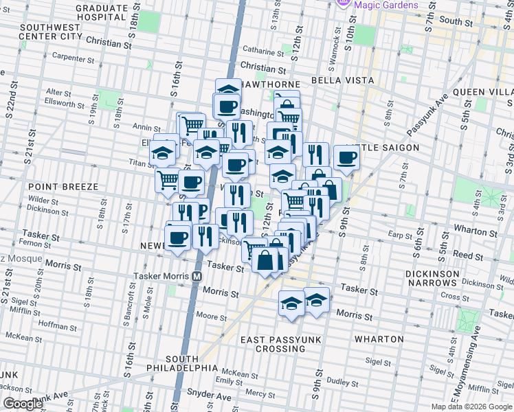 map of restaurants, bars, coffee shops, grocery stores, and more near 1100 Wharton Street in Philadelphia