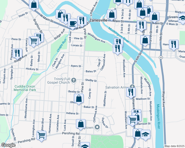 map of restaurants, bars, coffee shops, grocery stores, and more near 640 Bates Street in Zanesville