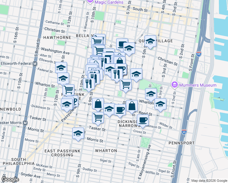map of restaurants, bars, coffee shops, grocery stores, and more near 1224 South 7th Street in Philadelphia