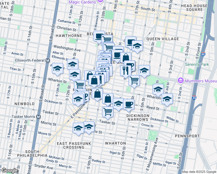 map of restaurants, bars, coffee shops, grocery stores, and more near 809 Wharton Street in Philadelphia
