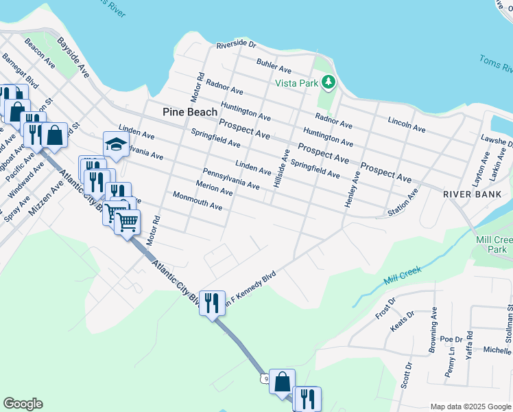 map of restaurants, bars, coffee shops, grocery stores, and more near 525 Merion Avenue in Pine Beach