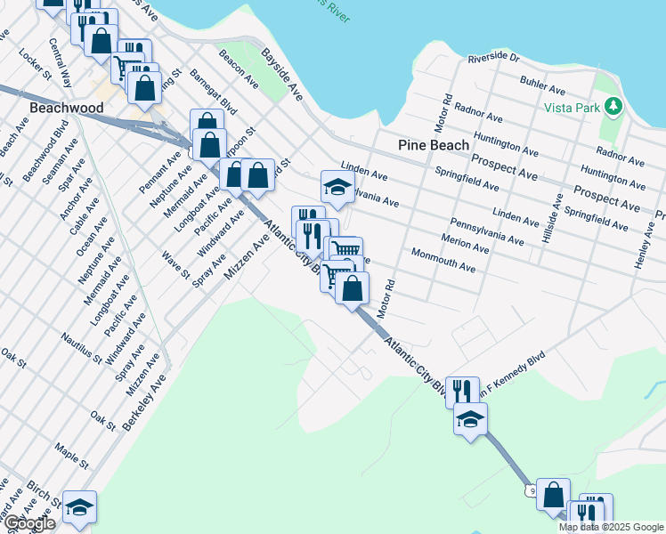 map of restaurants, bars, coffee shops, grocery stores, and more near 128 Atlantic City Boulevard in Pine Beach