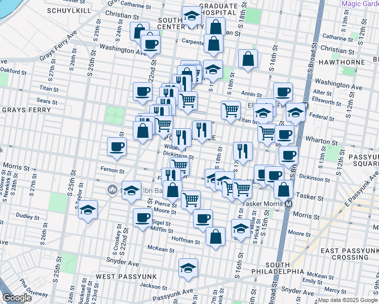map of restaurants, bars, coffee shops, grocery stores, and more near 1932 Wilder Street in Philadelphia