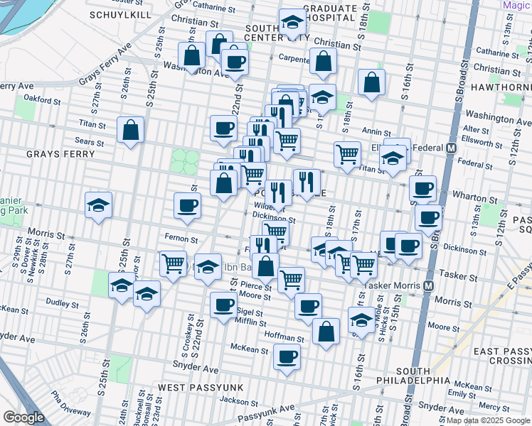 map of restaurants, bars, coffee shops, grocery stores, and more near 2021 Dickinson Street in Philadelphia