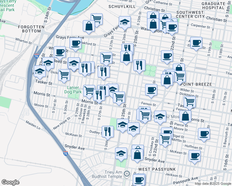 map of restaurants, bars, coffee shops, grocery stores, and more near 1545 South 26th Street in Philadelphia