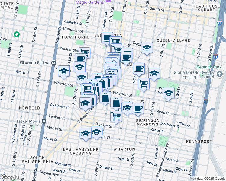 map of restaurants, bars, coffee shops, grocery stores, and more near 827 Wharton Street in Philadelphia
