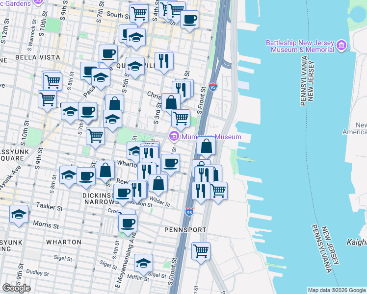 map of restaurants, bars, coffee shops, grocery stores, and more near 130 Ellsworth Street in Philadelphia