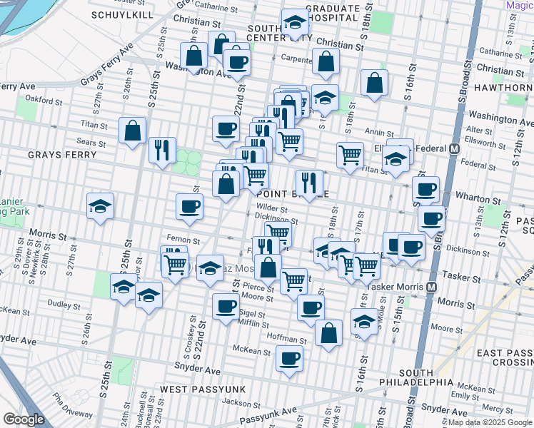 map of restaurants, bars, coffee shops, grocery stores, and more near 2020 Dickinson Street in Philadelphia