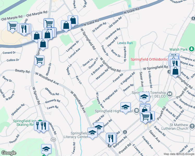map of restaurants, bars, coffee shops, grocery stores, and more near 62 Mansion Rd in Springfield