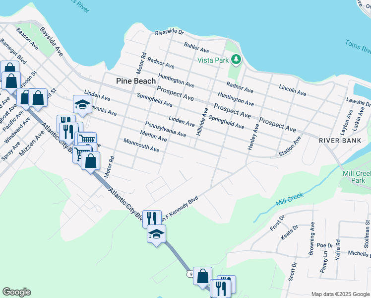 map of restaurants, bars, coffee shops, grocery stores, and more near 525 Merion Avenue in Pine Beach