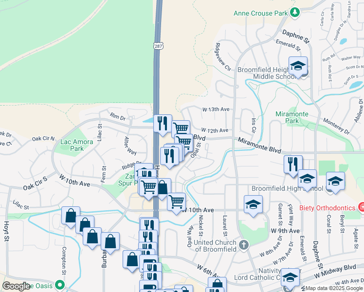 map of restaurants, bars, coffee shops, grocery stores, and more near 961 East 1st Avenue in Broomfield