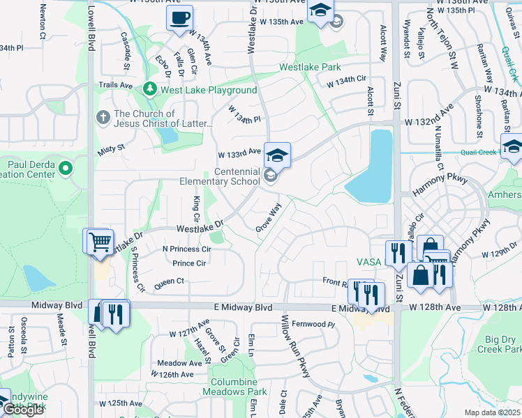 map of restaurants, bars, coffee shops, grocery stores, and more near 2926 West 131st Way in Broomfield