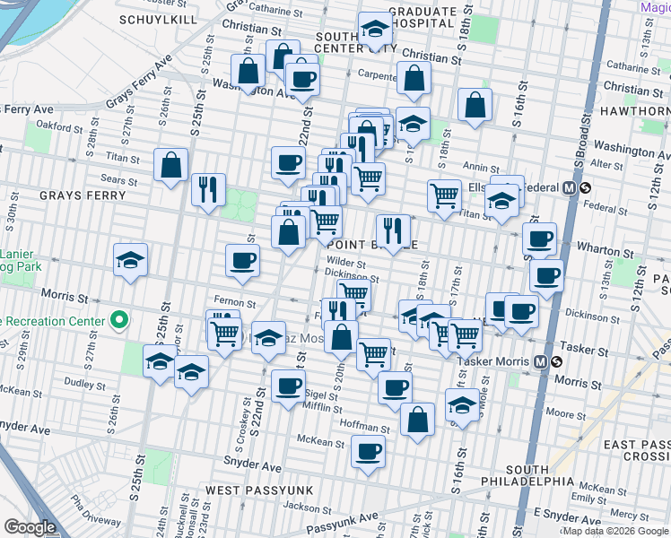 map of restaurants, bars, coffee shops, grocery stores, and more near 2033 Dickinson Street in Philadelphia