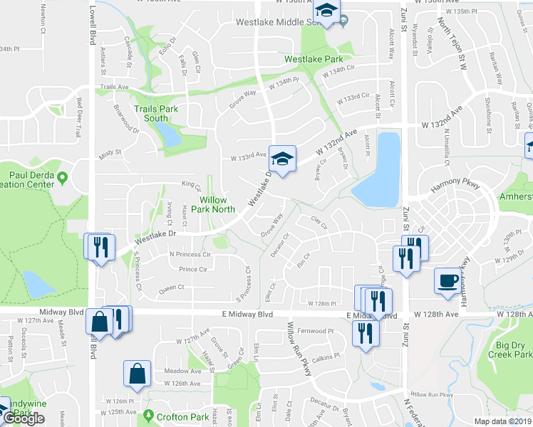map of restaurants, bars, coffee shops, grocery stores, and more near 2926 West 131st Way in Broomfield