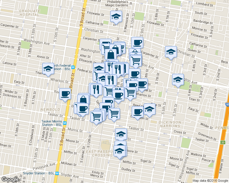 map of restaurants, bars, coffee shops, grocery stores, and more near in Philadelphia