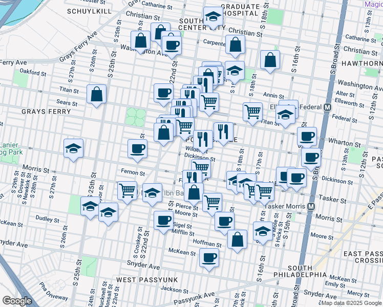 map of restaurants, bars, coffee shops, grocery stores, and more near 2029 Dickinson Street in Philadelphia